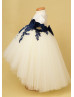 Navy Blue Velvet Lace Ivory Tulle High Low Flower Girl Dress